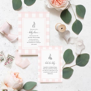 Rosa karierte Häschen-Babyparty-druckbare Einladungs-Reihe - Bücher für Babykarte - rosa Babyparty - Picknick-Babyparty