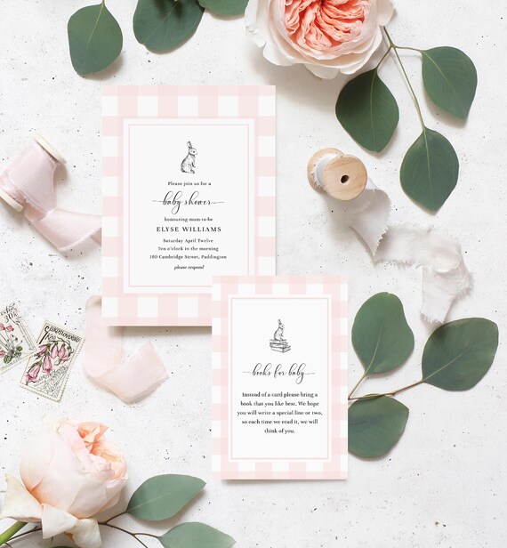 Pink Gingham Bunny Rabbit Baby Shower Printable Invitation Suite - Books for Baby Card - Pink Baby Shower - Picnic Baby Shower