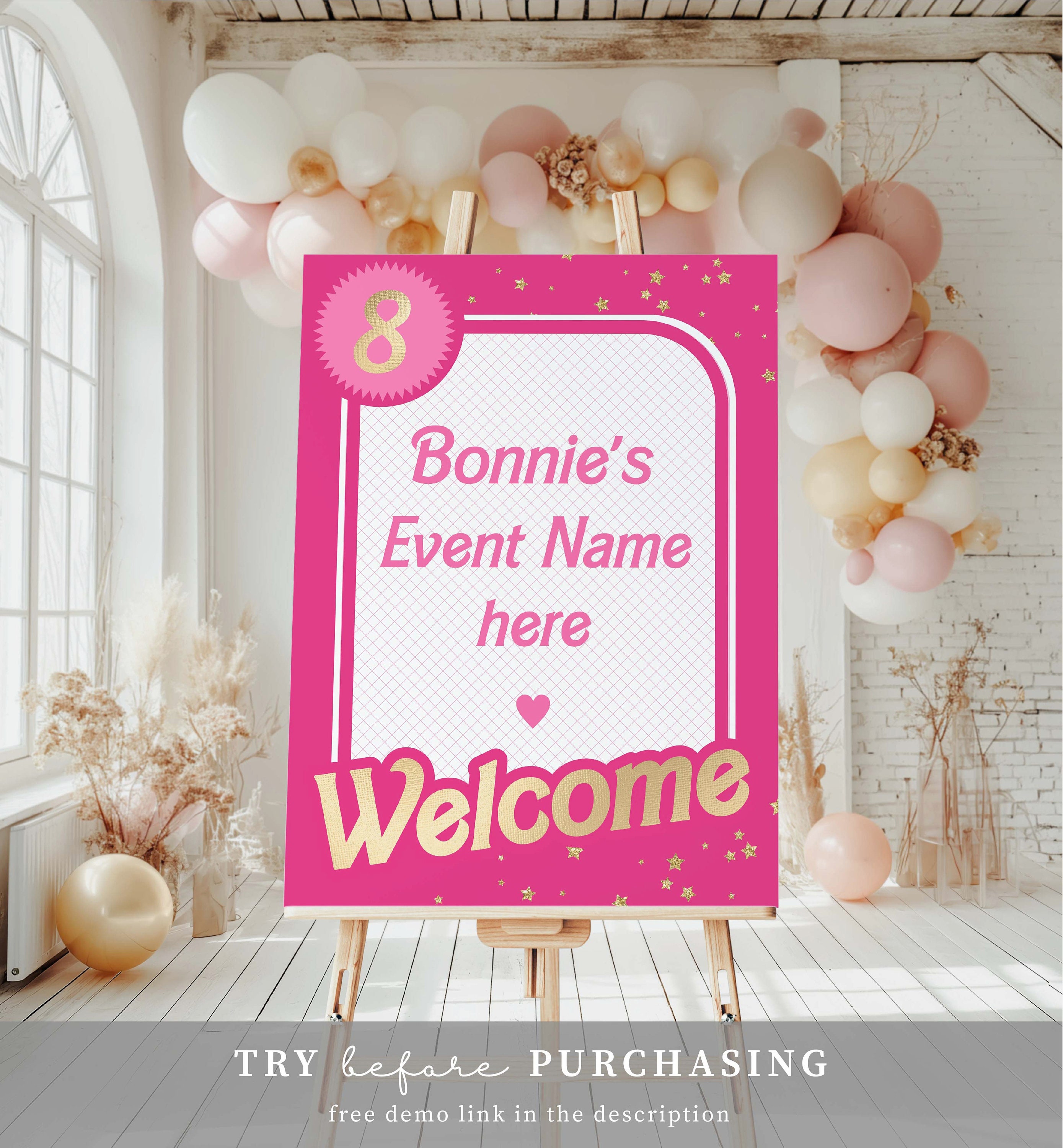 Hot Pink Gold Birthday Welcome Sign, Girl's Party (digital Download ...