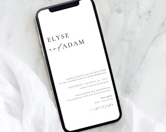 May include: A wedding invitation on a smartphone screen. The invitation is for Elyse and Adam's wedding on Saturday, 24 August 2038 at Hollington Bay Lighthouse in Byron Bay.