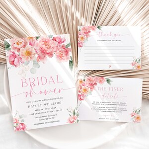 Invitación para despedida de soltera con peonías, detalles más finos, tarjeta de agradecimiento, invitación para despedida de soltera con flores de peonías en rosa intenso para imprimir, Piper