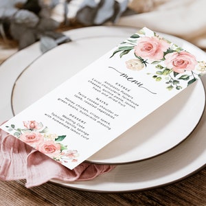 Bearbeitbares langes Menü, erröten Blumenhochzeit Abendmenü, druckbares langes Menü für Mädchen-Babyparty, Abendmenü für den Empfang, Darcy Floral