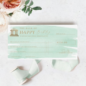 Modèle de chèque d'anniversaire, faux chèque bancaire, chèque-cadeau à imprimer, bon cadeau d'anniversaire, aquarelle verte