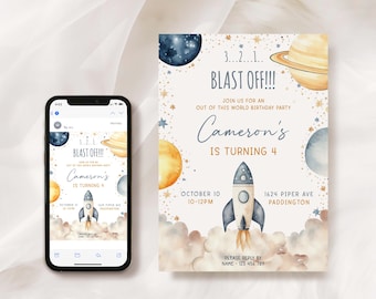 Rocket Ship Birthday Invitation, Outer Space Party (Printable)