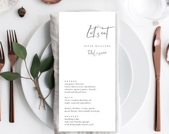 Minimal Wedding Menu Template - Editable Modern Minimalist Let's Eat Wedding Menu - Printable Dinner Menu Template - Gigi Script