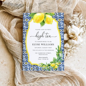 May include: A yellow and white invitation with a blue and white patterned border. The invitation is for a high tea to honor Elyse Williams on Saturday, August First at ten o'clock in the morning. The address is 160 Cambridge Street, Paddington. The RSVP information is: please respond by Name - 123 456 789.