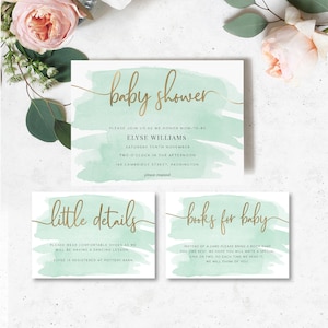 Bewerkbare babyshoweruitnodiging boeken voor babyloterijticket - goudfolie - genderneutraal - afdrukbare uitnodiging - groene aquarel