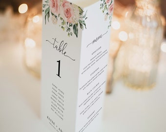 Plantilla de número de mesa y menú, elegante menú tríptico para boda, menú de boda editable con flores en tonos rosa, tarjetas para el plano de asientos, menú de cena, Darcy