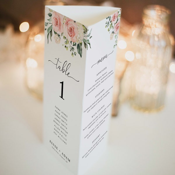 Numéro de table et modèle de menu, menu de mariage élégant en trois volets, menu de mariage floral rose poudré modifiable, plans de table, menu du dîner, Darcy