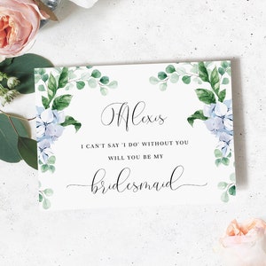 Willst du meine Brautjungfer sein Vorschlag Card Template, Blaue Hortensie Brautparty Vorschlag Card Printable, Grand Millennial Hochzeitskarte, Ferras