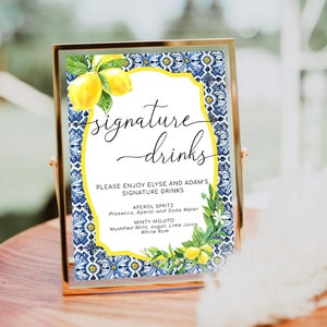 Letrero de bebidas exclusivas con diseño de limón y azulejos azules de Positano, letrero de barra de cócteles exclusivos, letrero de barra de menú de bebidas de boda imprimible, menú de fiesta de compromiso