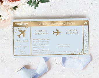 Editable Boarding Pass Template - Printable Blue Gold Surprise Fake Airline Ticket - Vacation Airplane Ticket Gift - Gold Foil - Paintly