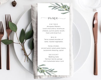 Modèle de menu imprimable modifiable - menu de mariage de verdure d'oliviers - menu bricolage - menu de dîner modifiable - papeterie de mariage bricolage - oliveraie