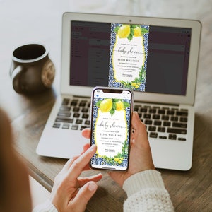 Digital Baby Shower Smartphone Invitation, Text Message Invite, Positano Blue Tile Lemons Baby Shower Invite Template, Evite, Italian Lemons