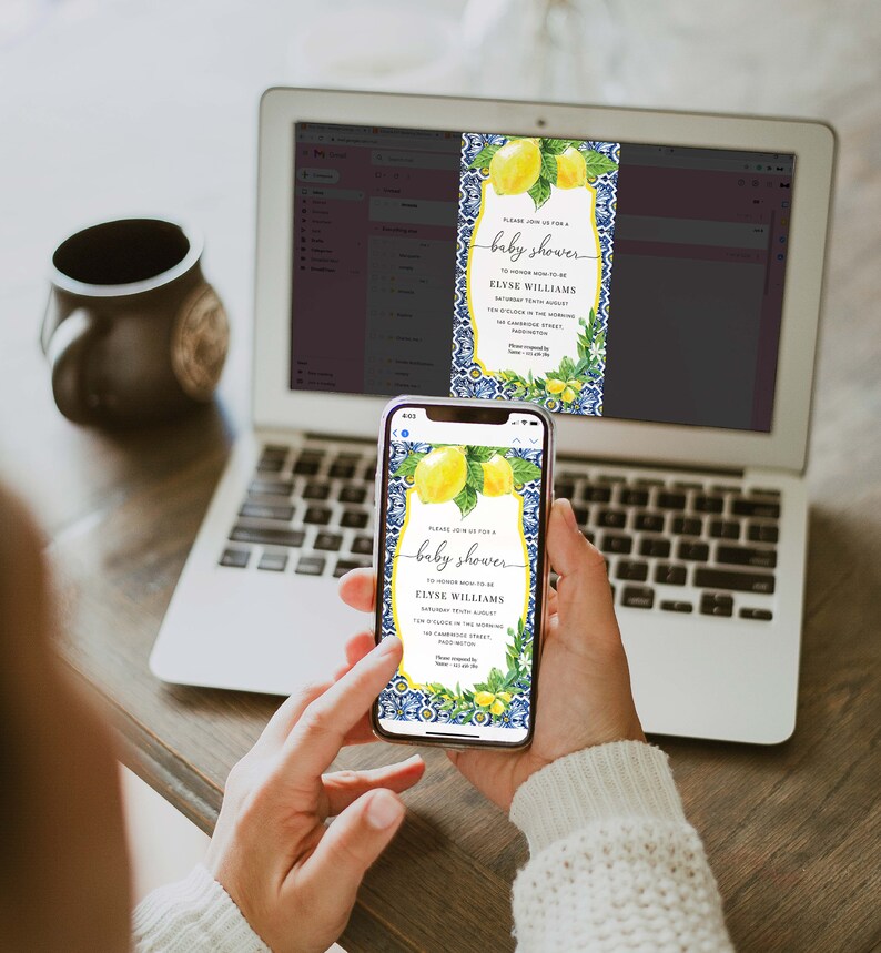 Digital Baby Shower Smartphone Invitation, Text Message Invite, Positano Blue Tile Lemons Baby Shower Invite Template, Evite, Italian Lemons