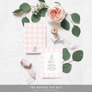 May include: Pink and white gingham baby shower invitation with a bunny illustration and the text "Please join us for a baby shower honoring mom-to-be ELYSE WILLIAMS Sunday, April 12th at 2 o'clock in the afternoon 100 Cambridge Place, Philadelphia RSVP required"