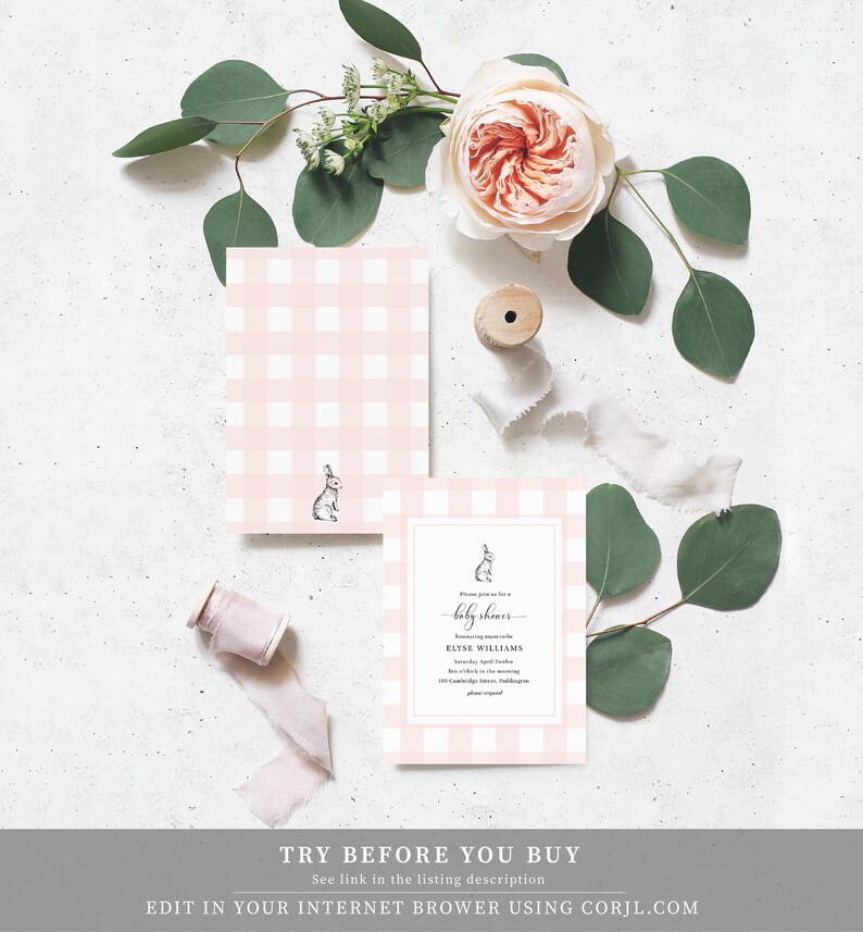 May include: Pink and white gingham baby shower invitation with a bunny illustration and the text "Please join us for a baby shower honoring mom-to-be ELYSE WILLIAMS Sunday, April 12th at 2 o'clock in the afternoon 100 Cambridge Place, Philadelphia RSVP required"