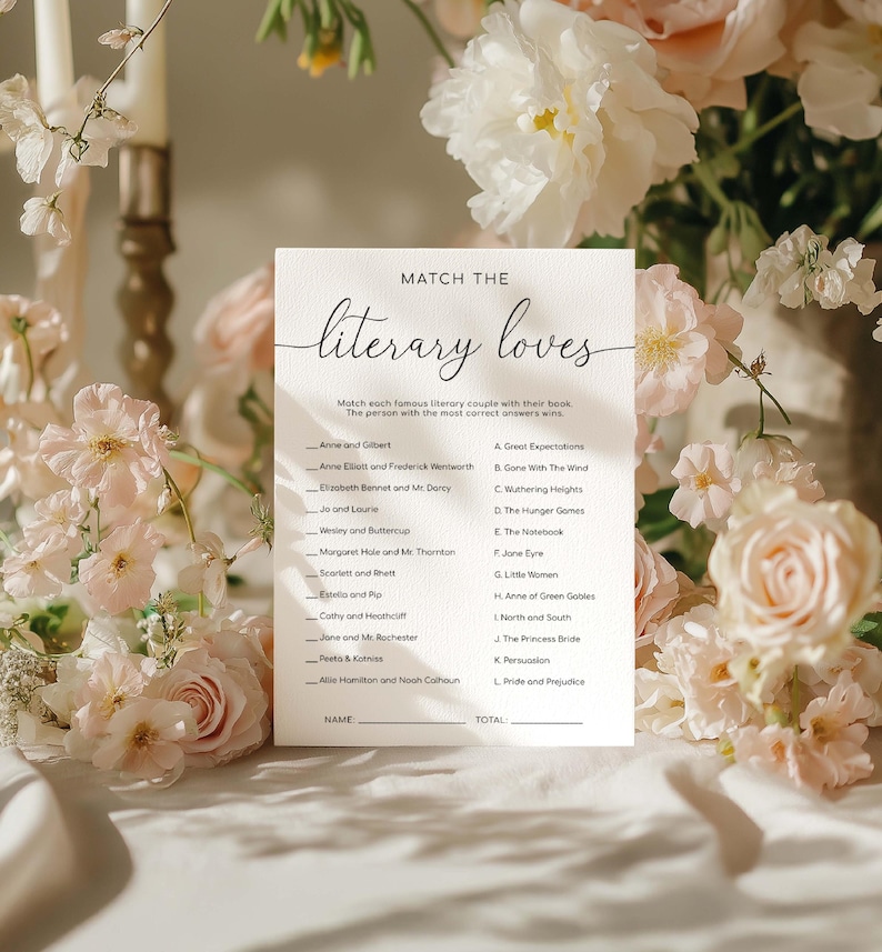 Literary Loves Game, Modern Minimalist Bridal Shower Book Characters Game, Famous Historical Couples Game, Literary Couples Quiz, Quinn