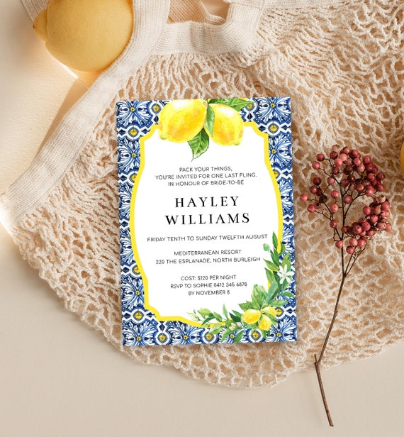 Positano Lemons Bachelorette Invitation, Blue Tile (Printable Invite)