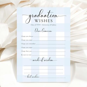Druckbare Abschlusswünsche, blaues Gingham-Abschlussandenken, Ratschläge mit Worten der Weisheit, Karte mit Ratschlägen und Wünschen für Absolventen
