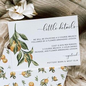 Tarjeta con detalles para despedida de soltera, tarjeta adjunta para baby shower con naranjas italianas, tarjeta imprimible con pequeños detalles, cítricos, clementina