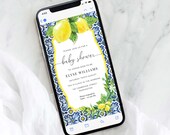 Digital Baby Shower Smartphone Invitation, Text Message Invite, Positano Blue Tile Lemons Baby Shower Invite Template, Evite, Italian Lemons