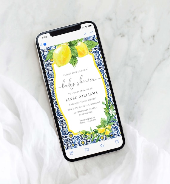 Digital Baby Shower Smartphone Invitation, Text Message Invite, Positano Blue Tile Lemons Baby Shower Invite Template, Evite, Italian Lemons