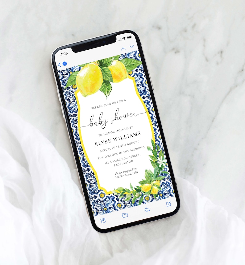 Digital Baby Shower Smartphone Invitation, Text Message Invite, Positano Blue Tile Lemons Baby Shower Invite Template, Evite, Italian Lemons