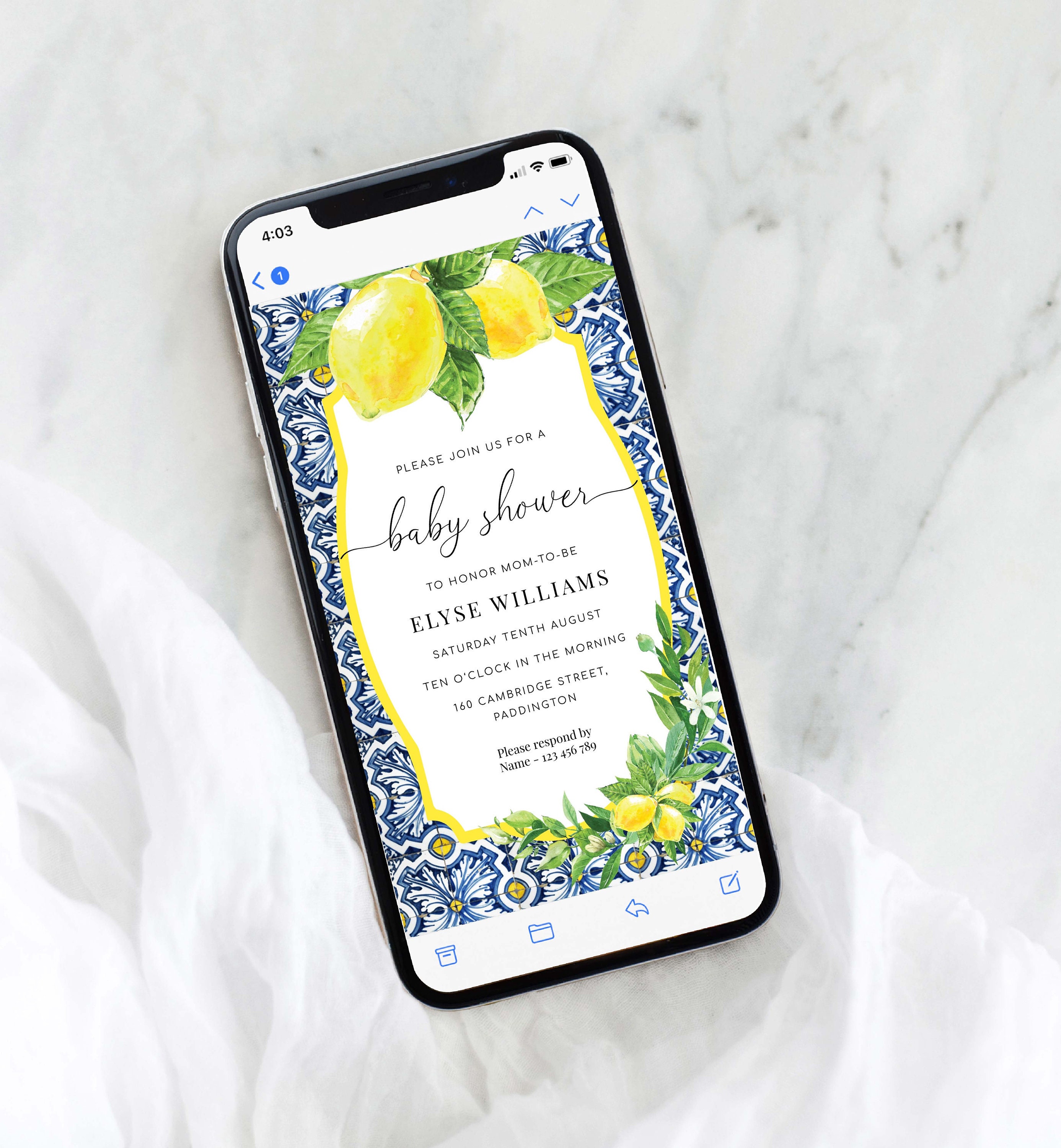 Digital Baby Shower Smartphone Invitation, Text Message Invite, Positano Blue Tile Lemons Baby Shower Invite Template, Evite, Italian Lemons