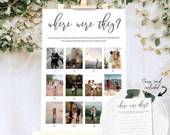 May include: A printable game for a wedding shower or bridal party. The game is called "Where Were They?" and features 11 photos of a couple in different locations. Guests try to guess where each photo was taken. A blank answer sheet is included.
