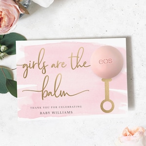 Bálsamo labial Girls Are The Balm Favors, etiqueta de regalo de bálsamo labial editable para baby shower, etiqueta de regalo de agradecimiento para baby shower de niña con acuarela rosa