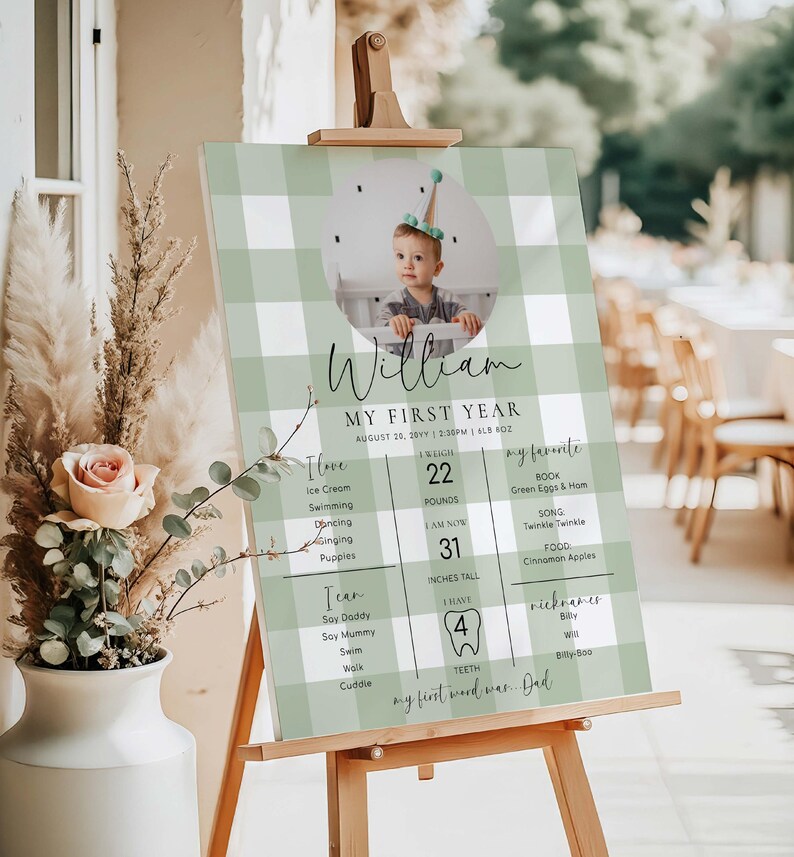 Sage Green Gingham First Birthday Milestone Board (printable) - Etsy
