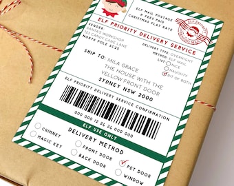 May include: A Christmas-themed gift tag with green and white accents, featuring an elf illustration and the text "Elf Priority Delivery Service." The tag includes delivery details, a barcode, and a checkmark next to "Pet Door."