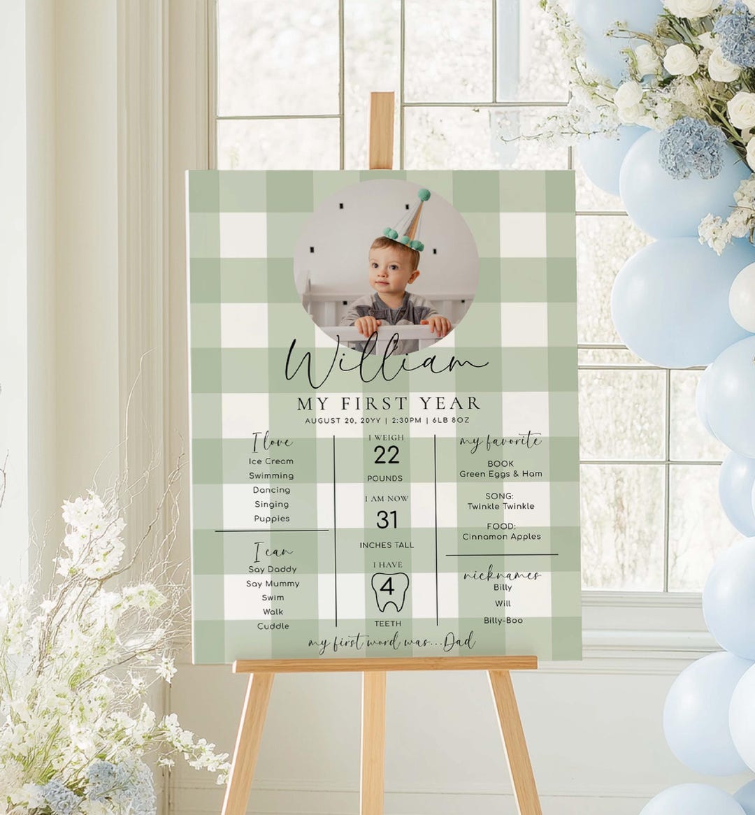 Sage Green Gingham First Birthday Milestone Board (printable) - Etsy