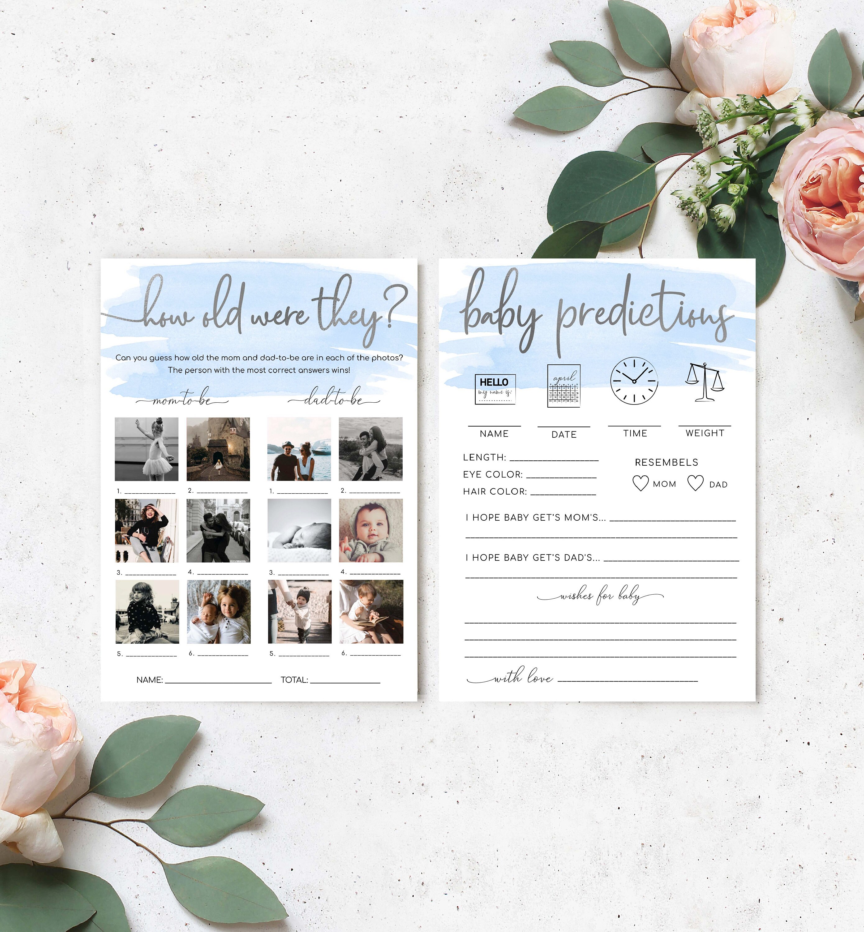 Printable Baby Shower Games Bundle, Blue Watercolour, Silver, Boy Baby ...