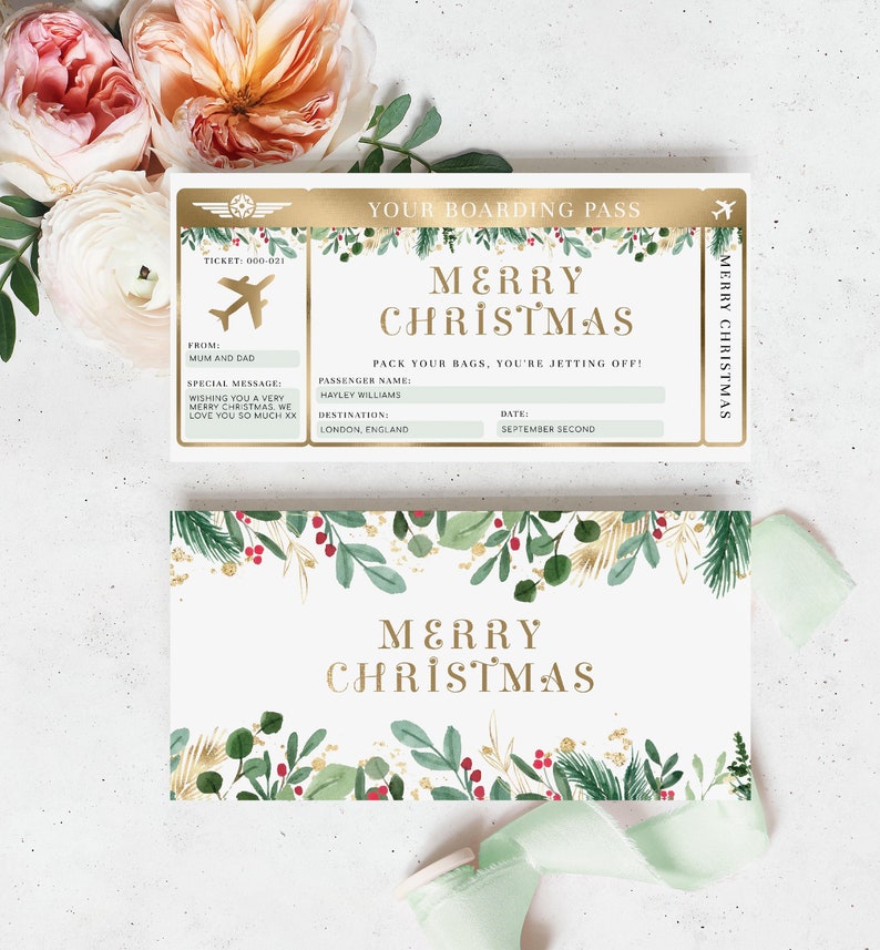 Editable Boarding Pass Christmas Template - Printable Surprise Fake Airline Ticket Gold Foil - Vacation Airplane Ticket Gift - Merriment