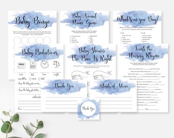 Blue Watercolor Baby Shower Games Pack – 5 Game Bundle (Digital Download)