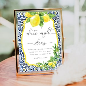 Date Night Ideas Cards and Sign, Positano Blue Tile Lemon, Newlywed Date Night Idea Jar Game, Bride Groom Date Advice, Bridal Shower Game
