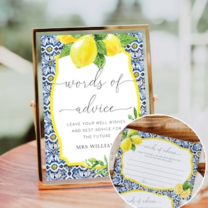 Cartes et enseigne Words of Advice, Carrelage bleu de Positano citron, Conseils pour la future mariée, Paroles de sagesse pour les jeunes mariés, Cartes-conseils pour la douche nuptiale