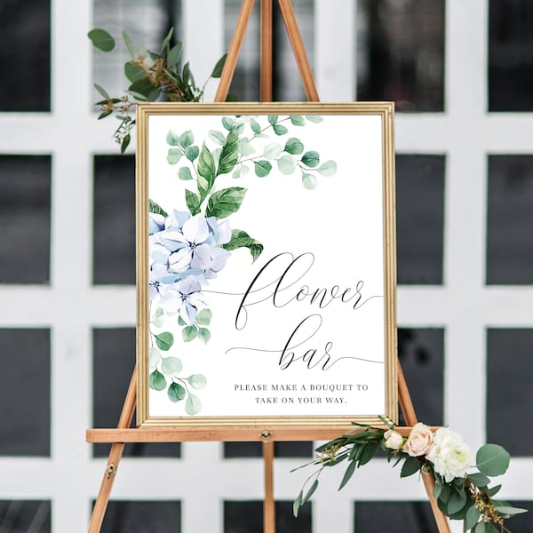 Blue Hydrangea Floral Flower Bar Sign, Printable Grand Millennial Bridal Shower Flower Station Sign, Blue Floral Baby Shower Sign, Ferras