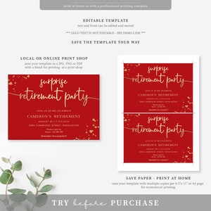 Editable Surprise Retirement Party Invitation, Printable Red Gold Leaving Party Invitation Template, Unisex Retirement Invite, Paintly image 8