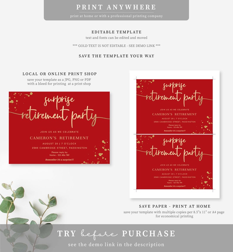 Editable Surprise Retirement Party Invitation, Printable Red Gold Leaving Party Invitation Template, Unisex Retirement Invite, Paintly image 8