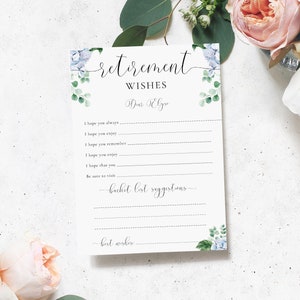 Druckbare Ruhestand Wunschvorlage, Blaue Hortensie Ruhestand Andenken, Bucket List Ideen Karte, Ruhestand Rat und Wunschkarte, Ferras
