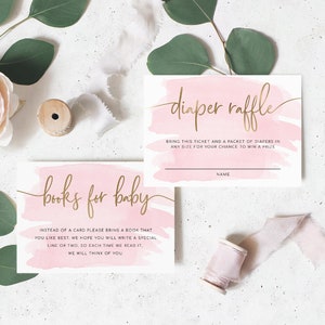 Baby-Dusche-Bücher für Baby und Windel Gewinnspielkarten-Set - Goldfolie - Rosa Aquarell - Printable Buchanfrage und Windel-Los