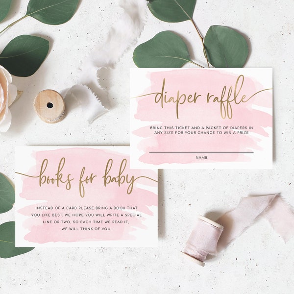 Baby Shower Books For Baby and Diaper Raffle Card Set - Gold Foil - Pink Watercolor - Printable Book Request and Nappy Raffle Ticket