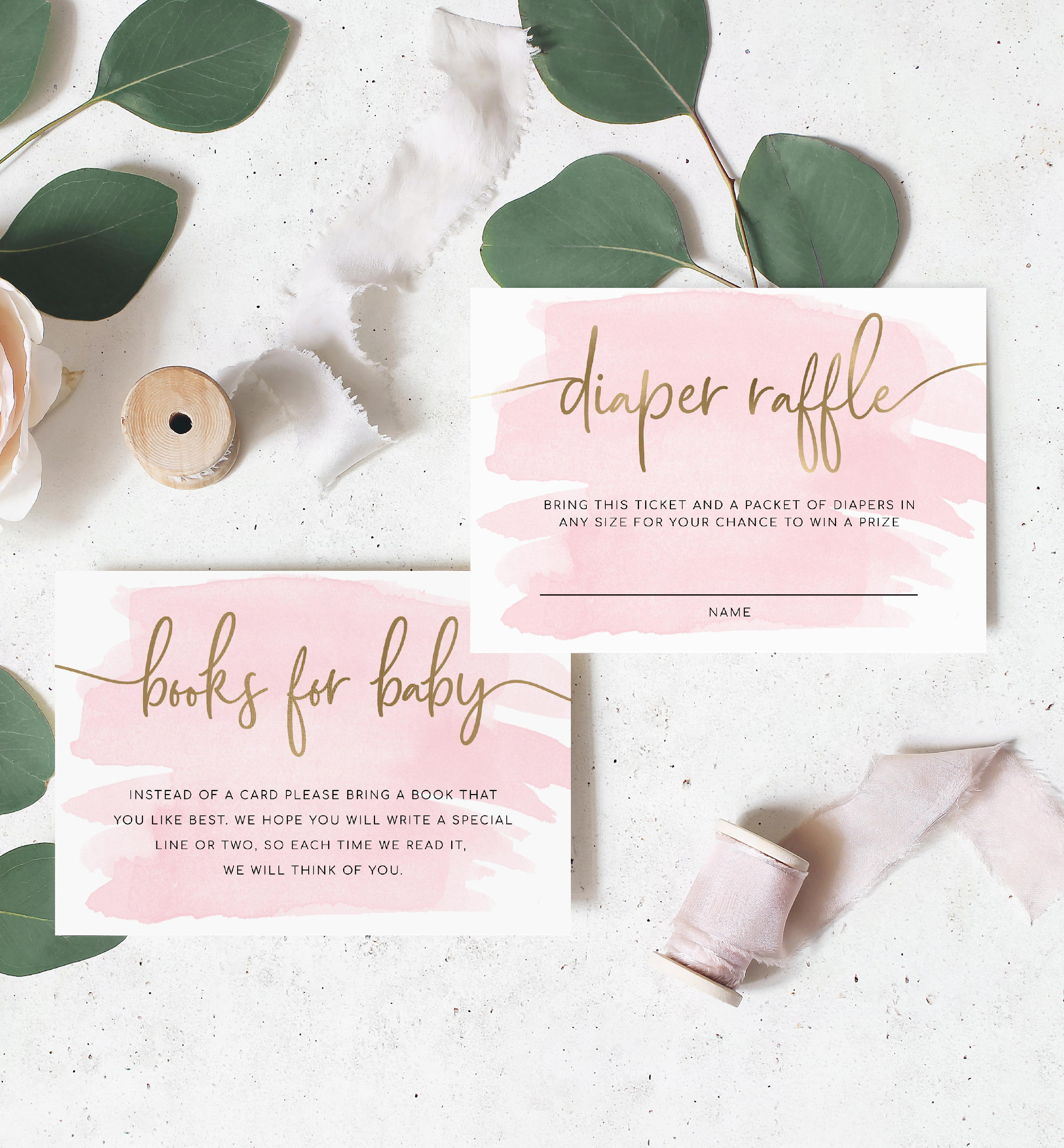Baby Shower Books For Baby and Diaper Raffle Card Set - Gold Foil - Pink Watercolor - Printable Book Request and Nappy Raffle Ticket