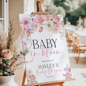 Letrero de bienvenida para baby shower con diseño de Baby In Bloom, flor silvestre rosa, letrero de bienvenida para baby shower imprimible, letrero de bienvenida para baby shower de niña, Eloise