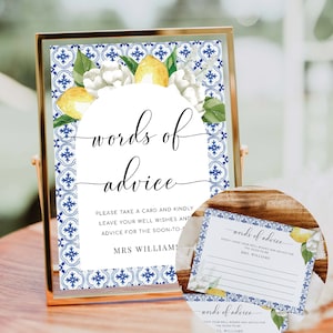 Tarjetas y letreros con consejos, azulejos azules mediterráneos, limones de Amalfi, palabras sabias para despedidas de soltera, consejos para recién casados, el Mediterráneo