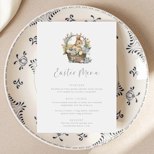 Plantilla de menú de Pascua imprimible, menú de brunch de Pascua, menú de almuerzo de Pascua, menú de cena de Pascua, conejito de Pascua, búsqueda de huevos de Pascua, menú de comida de Pascua