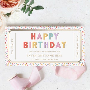 Happy Birthday Custom Gift Voucher Template, Printable Birthday Gift Certificate, Unisex Printable Birthday Gift Coupon, Theatre Tickets Voucher, Babysitting Voucher, Concert Ticket Voucher, Money Gift Voucher